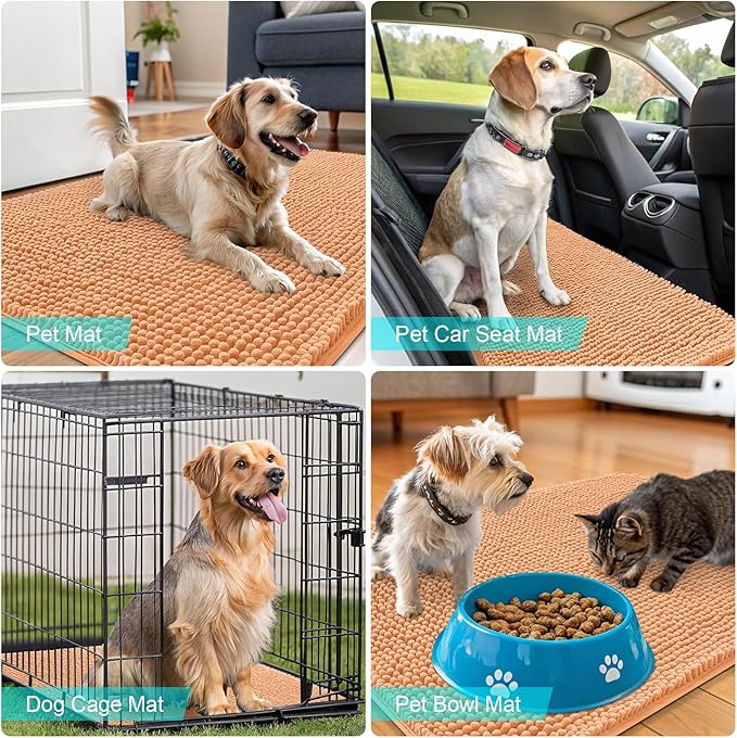 OLANLY Dog Door Mat for Muddy Paws 48x30, Absorbs Moisture and Dirt, Absorbent Non-Slip Washable Doormat, Quick Dry Chenille Mud Mat for Dogs, Entry Indoor Entryway Carpet for Inside Floor, Orange