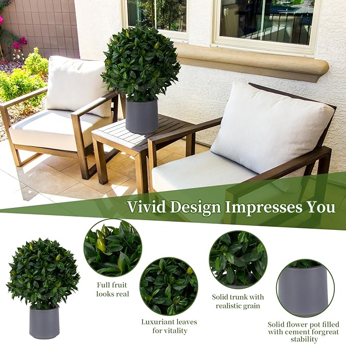 Artificial Topiary Ball Evergreen Set of 2 with Fruits, 23.6'' Boxwood Balls Shrubs with Pot, UV Resistant Outdoors Fake Plant for House Porch Decor, Faux Artificial Plants Bush Indoor & Outdoor