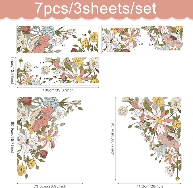 Large Pink Flowers Wall Decals, Colorful Floral Botanic Wall Stickers, Spring Peel and Stick Wallpaper for Girls Bedroom Nursery Classroom Living Room Wall Decor