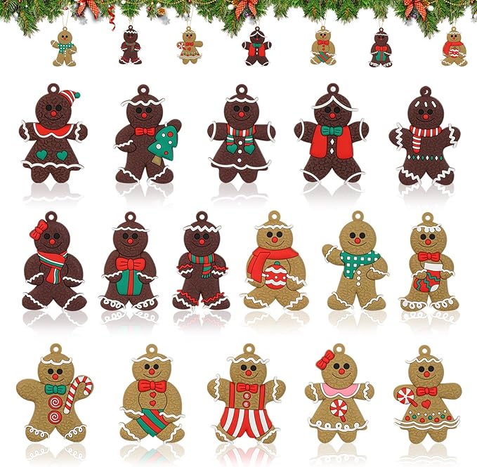 16 Pcs Gingerbread Man Ornaments for Christmas Tree, Soft Silicone Christmas Decorations, 3 Inch Adorable Gingerbread Figurines for Xmas Tree Hanging Decor, Gift Tags & Party Favors (16 Designs)