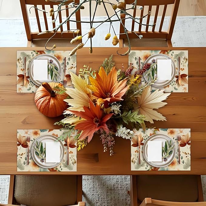 Set of 4 Maple Leaves Fall Placemats Seasonal Autumn Harvest Table Mats for Indoor Outdoor Home Party Dining Decor Farmhouse Burlap Table Mats 12x18 Inch #WP023