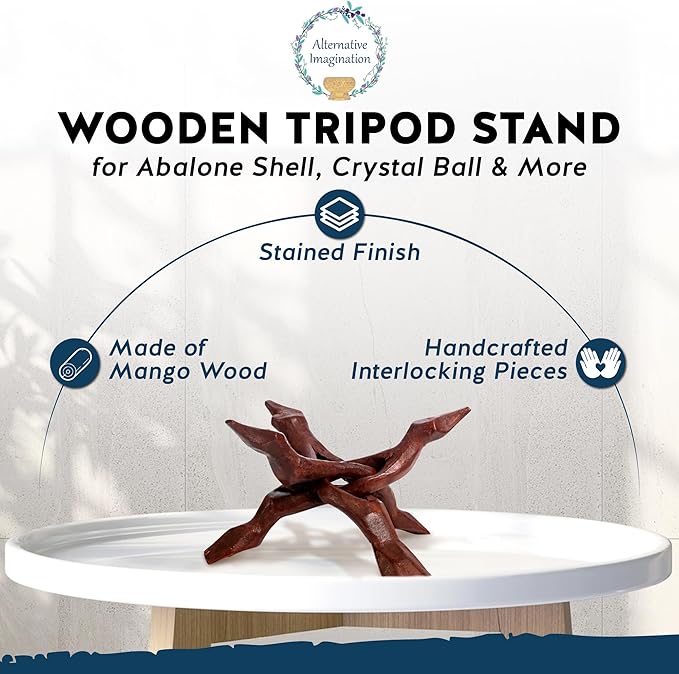 Alternative Imagination Wooden Tripod Display Stand – 8-Inch Hand Carved Holder Made from Sustainable Mango Wood – Folding Reddish-Brown Stand for Abalone Shell, Crystal Ball, Key Bowl, Trinket Dish, Incense, Decor and More