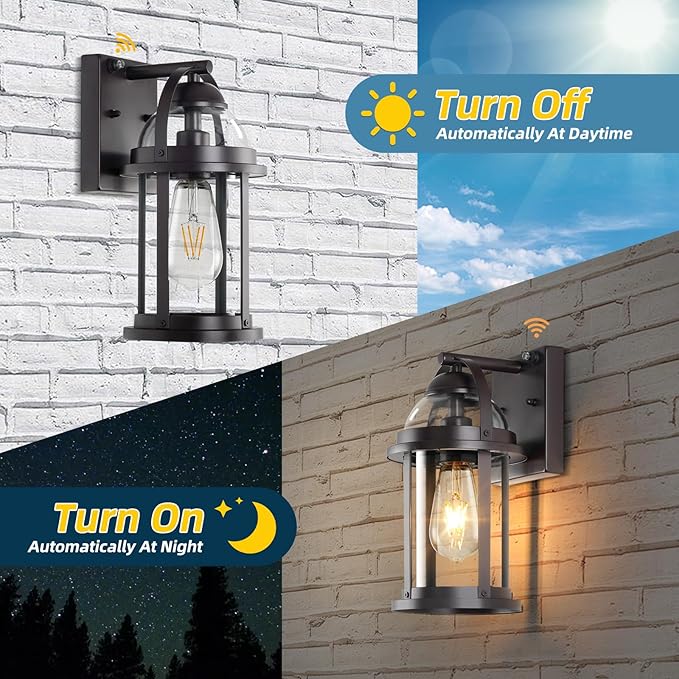 OKELI Dusk to Dawn Outdoor Wall Lights, Waterproof Lighting Fixtures Rustic Farmhouse Wall Lanterns with Clear Glass Shades Anti-Rust Outside Lights for Garage Patio Porch(Brown, 2 Pack)