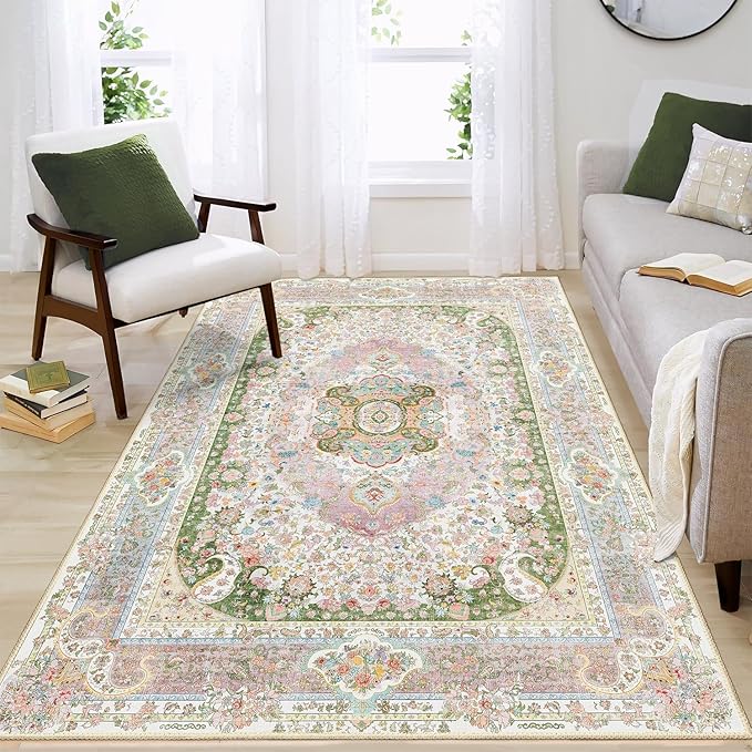 Pink Rug 4'x6.5',Washable Area Rugs for Bedroom Living Room Kitchen Entryway,Small Boho Vintage Bohemian Distressed Non Slip Carpet,Blush Green
