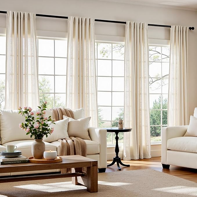jinchan Linen Curtains 120 Inch Length 2 Panels Set Window Curtains for Living Room Bedroom Extra Long 10 Foot Farmhouse Drapes Aesthetic Decor Light Filtering Drapes, Back Tab Linen Natural, 50Wx120L