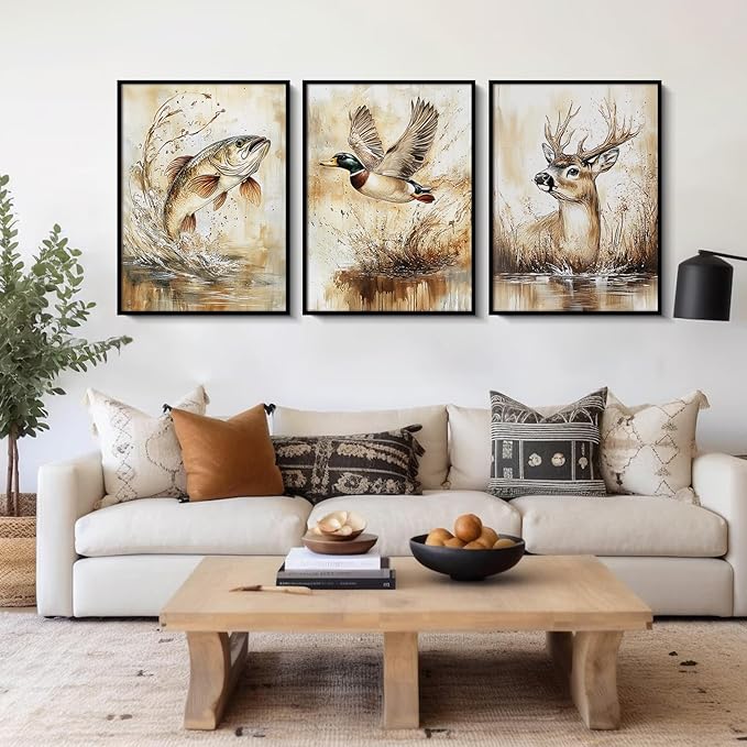 Vintage Animal Wall Art Baby Boy Room Canvas Wall Decor Farmhouse Animal Posters Kids Nursery Hunting Art Prints Rustic Deer Fish Pictures Mallard Duck Painting for Bedroom 12x16 Inch Unframed 3pcs