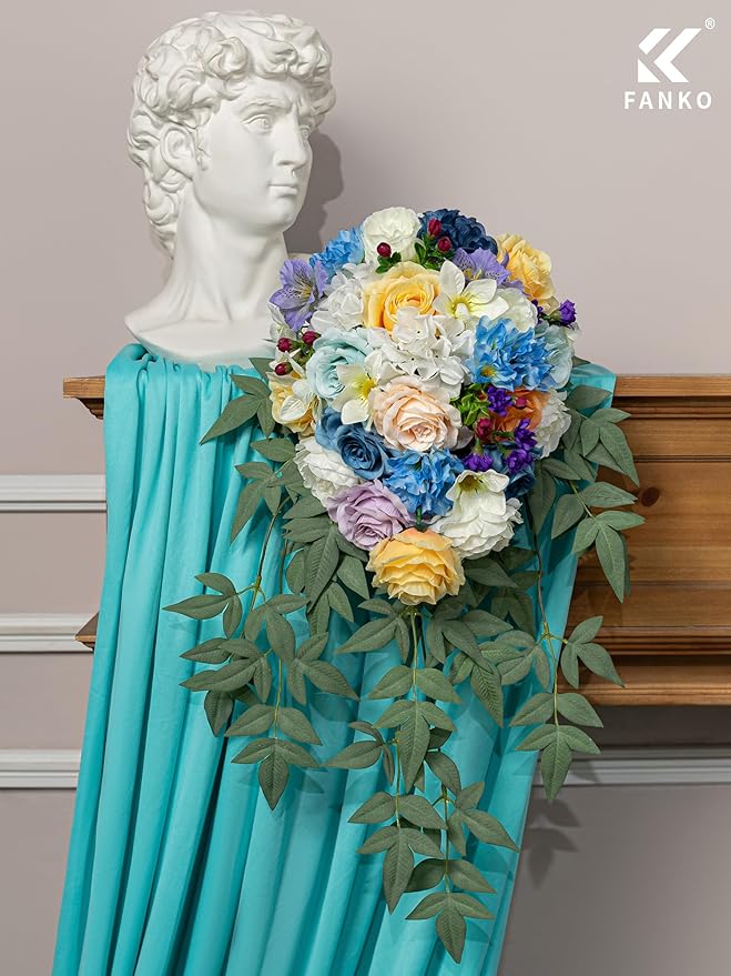 FANKO Artificial Flowers Fake Silk Rose, Mixed Combo Orange Rose Flowers Dark & Light Blue Cream Roses Delicate Blooms Set for Wedding Bridal Bouquets/Centerpieces/Home Decorations