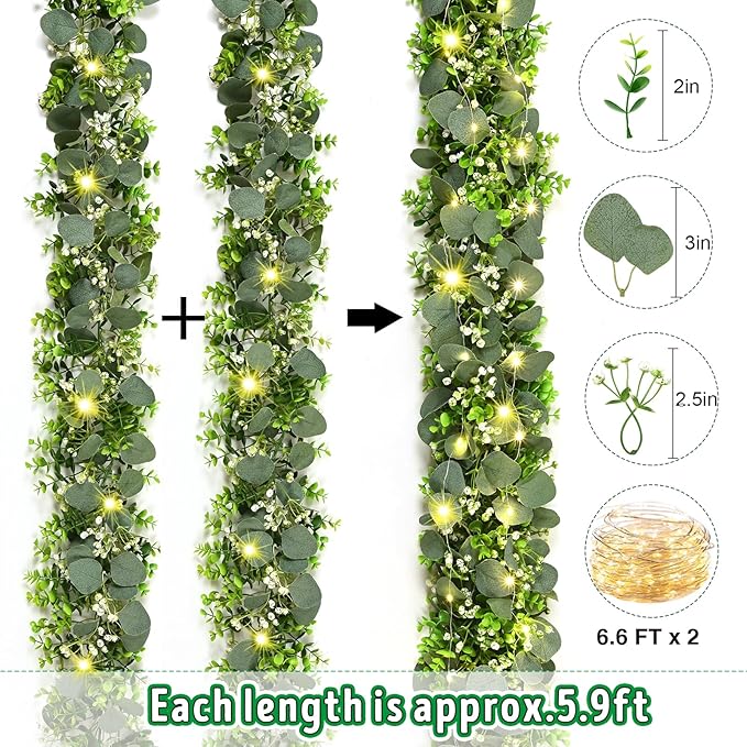 2Pcs Eucalyptus Garland with Lights, Greenery Garland, Green Garland with Flowers, 5.9FT Artificial Faux Eucalyptus Leaves Vines for Table Mantle Home Wedding Party Indoor Outdoor Decor