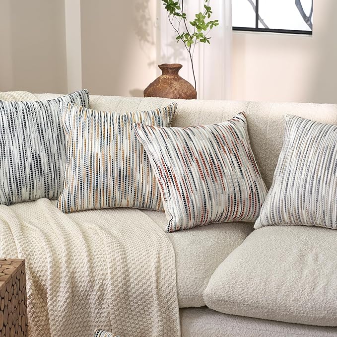 Aeckself Boho Striped Pillow Cover 18x18, Decorative Square Throw Pillow Cover Chenille Neutral Pillowcase for Couch Bedroom Living Room, Gray White