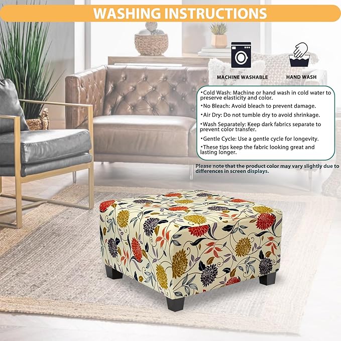 Ottoman Cover Square Slipcovers Printed,Stretch Footrest Stool Cover for Ottoman Square,Soft Foot Stool Cover Protector with Nonslip Elastic Bottom (Medium,Flower B)