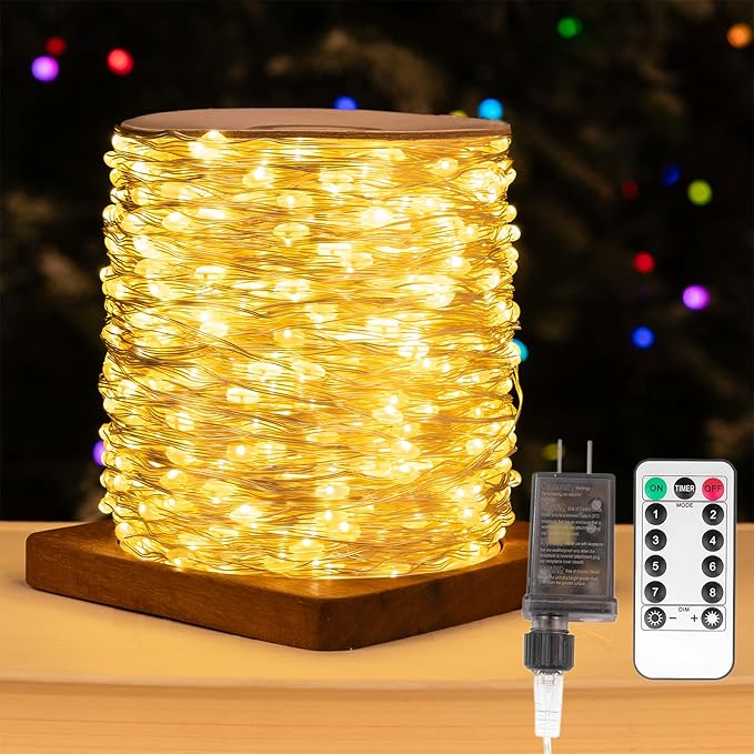 Fairy Lights Plug in,200FT 600LEDs Waterproof Led String Lights,8 Modes Remote Twinkle Light for Outdoor Indoor Christmas Wedding Birthday Garden Party Decorations,Silver Wire,Warm White