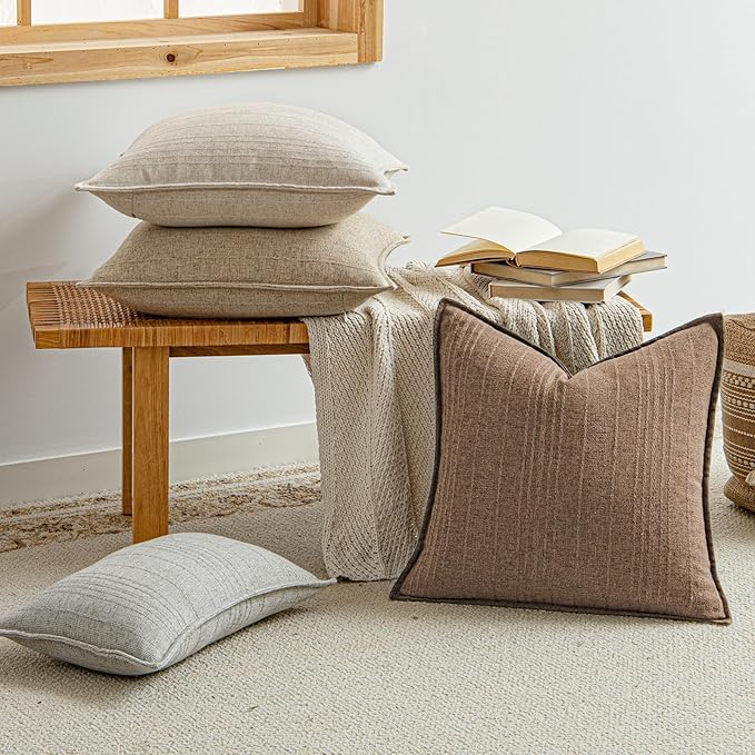 a moment Linen Pillow Covers Set of 2,Boho Farmhouse Throw Pillowcases Neutral Textured Decorative Covers for Couch Sofa,Soft Linen Blend Accent Case Cushion Living Room Home Decor 20"x20"Hazel
