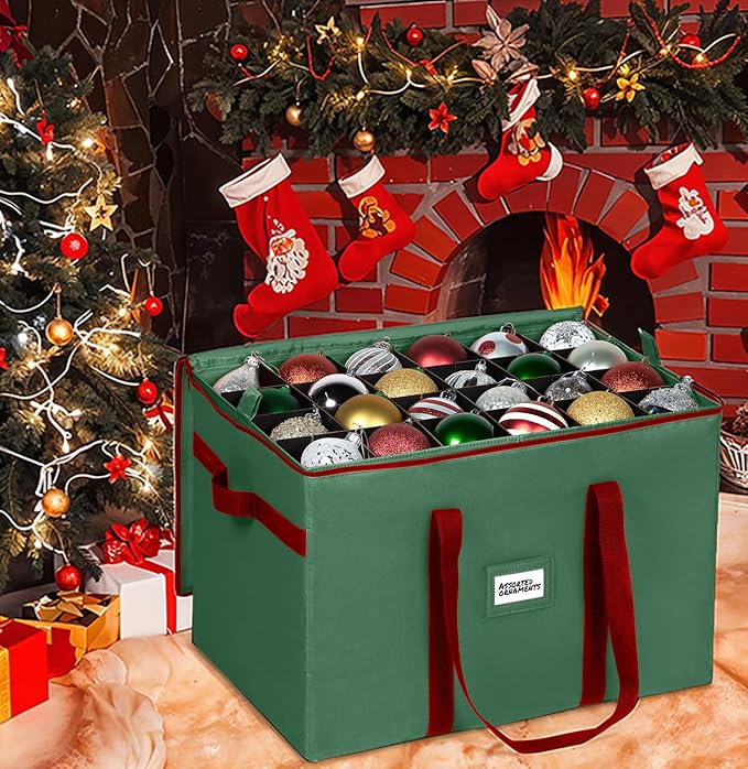 Christmas Ornament Storage Container,Box Stores Up to 96-4 inch ornaments, Adjustable Dividers, Large Organizer Bin to Protect and Store Holiday Décor - Green