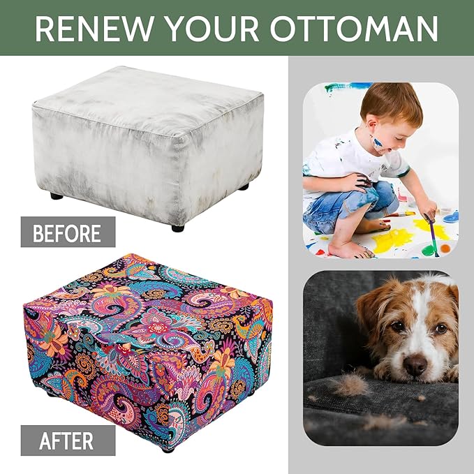 HAOYONG Ottoman Cover Rectangle Printed, Stretch Footstool Slipcover Soft Fabric Protector for Rectangular Ottoman in Living Room or Bedroom Washable X-Large
