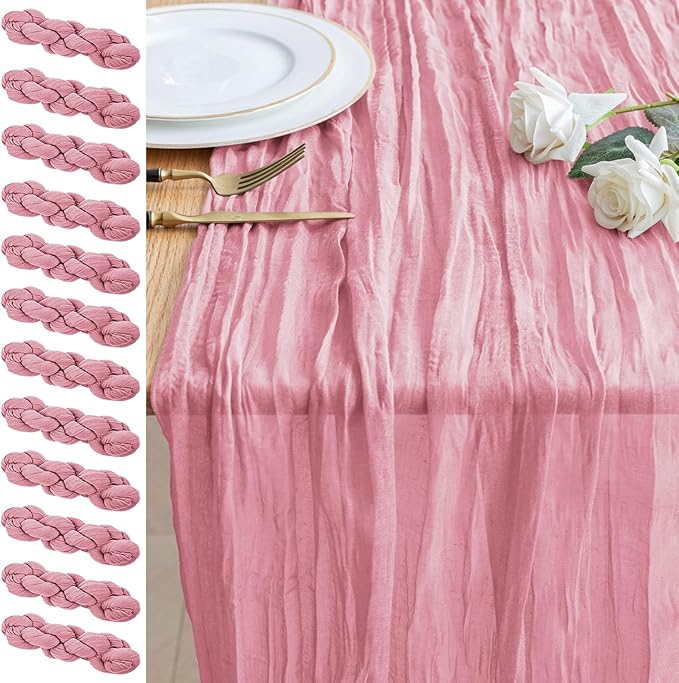 12PCS Table Runner Cheesecloth 10FT Pink Boho Gauze Cheese Cloth Rustic Sheer Table Runners for Wedding Birthday Bridal Baby Shower Party Decoration