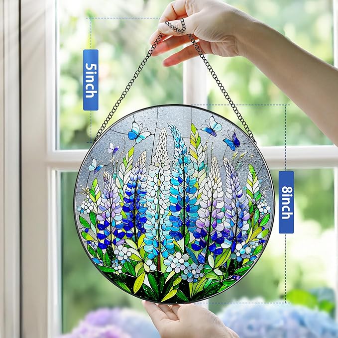 8-Inch Stained Glass Ornament, Stained Glass Window Hanging, Window Hanging Decor Suncatcher, Texas Bluebonnet Ornament | Christmas, Mother's Day, Birthday | Gifts for Mom, Garden Gifts for Friends