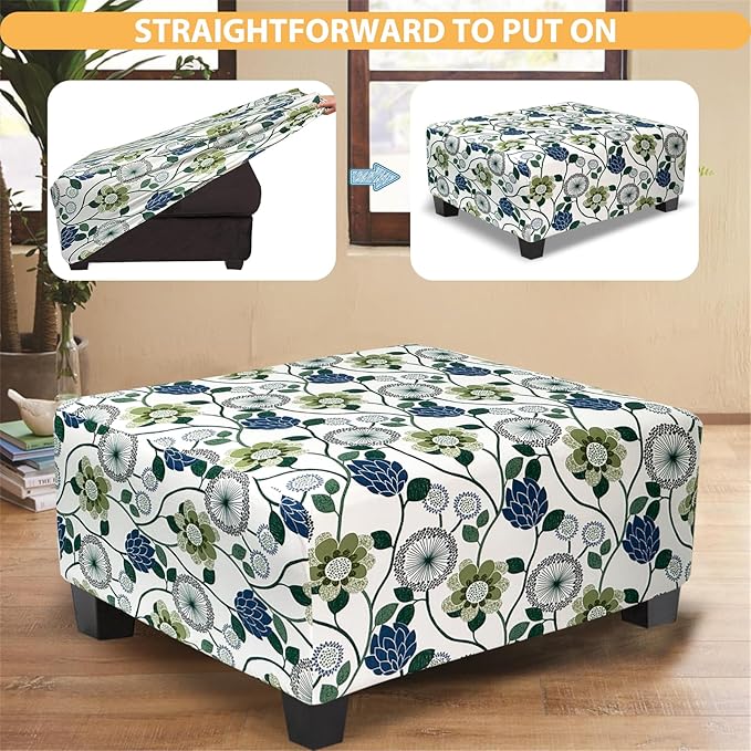 Ottoman Cover Rectangle Printed,Stretch Slipcover for Rectangular Footstool,Soft Fabric with Non-Slip Elastic Bottom,Decorative Furniture Protector for Living Room,Large,Flower C