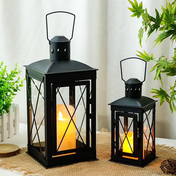 TRIROCKS Set of 2 Decorative Candle Lantern 12'' & 8'' High Metal Candle Holder Hanging Lantern Perfect for Home Decor Patio Living Room Parties Events Tabletop Indoors Outdoors (Black)
