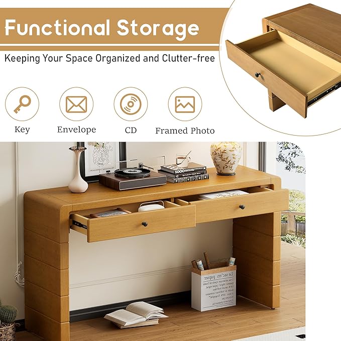 Unique Curved Console Table with 2 Top Drawers, Versatile 55'' Long Accent Entryway Table Sofa Table for Entrance, Hallway, Dinning Room, Living Room (Natural-2.25)