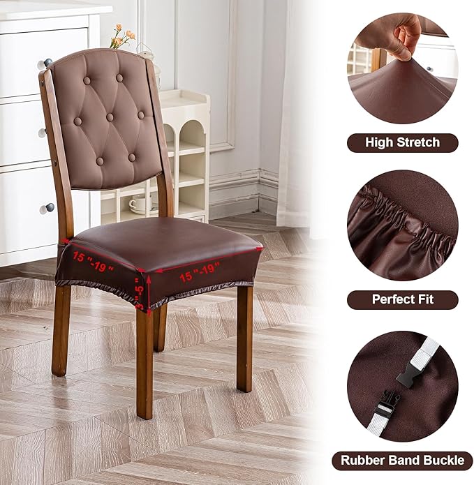 Waterproof Seat Covers for Dining Room Chairs Set of 4 - PU Leather Removable Washable Chair Seat Slipcovers, Rear Covers (Coffee)