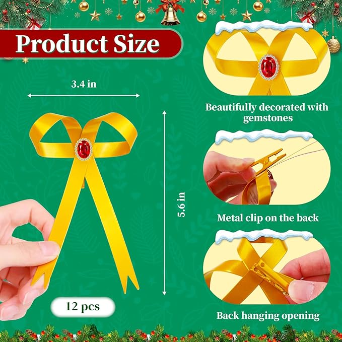 12 Pcs Gold Metal Bow Ornaments with Red Gem – 3.4x5.6 Clip-On Christmas Tree Bows, Elegant Gold Bow Decorations for Wreaths, Garlands, Weddings, Parties & Home Decor
