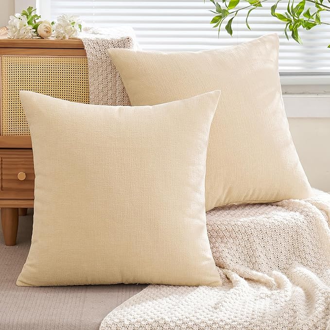 MIULEE Beige Couch Pillow Covers 20x20 Inch, Set of 2 Soft Chenille Decorative Square Throw Pillow Covers Farmhouse for Sofa Living Room Bed