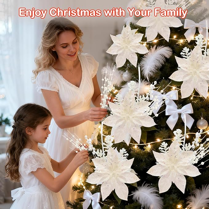 18 Pack Christmas Tree Ornaments Set, 17.5 Inch White Fake Christmas Picks Decorations with 2 Styles, Artificial Glitter Berry Stem Ornaments for Christmas Tree Wedding Small Vase Wreath Decor
