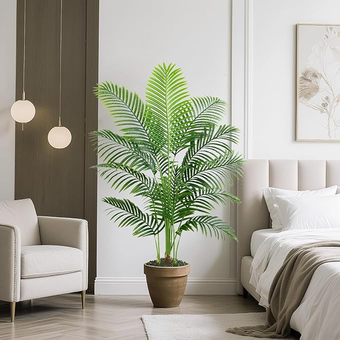 2 Pack Artificial Palm Tree 4FT Artificial Plants Indoor Tropical Fake Palm Tree Areca Floor Plant in Black Pot with 13 Trunks & Real Bark Design, Faux Palm Plant for Outdoor Patio Home Office Decor