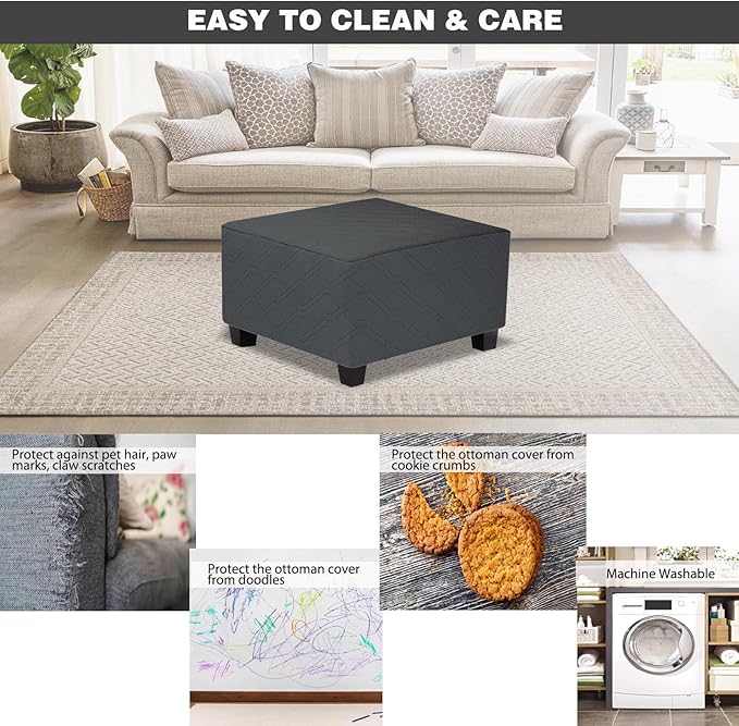 Ottoman Cover Square,Waterproof Square Ottoman Covers Thick Slipcover for Living Room,Washable Storage Footstool Furniture Protector for Dogs,Pets,Charcoal Grey,Medium