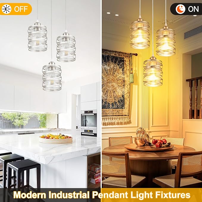 Pendant Lights Kitchen Island Brushed Nickel Pendant Light Kitchen Island Lighting, 3-Light Pendant Light Fixtures with Clear Glass Shades Spiral Iron Cluster Dining Room Light Fixture