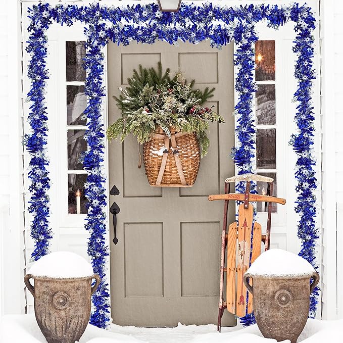 66 Ft Hanukkah Tinsel Garland Blue Metallic Garland with Silver Stars Hanukkah Chanukah Decorations for Outdoor Indoor Holiday Party Christmas Supplies