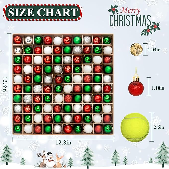 100 Pcs Mini Christmas Ball Ornaments Set, 1.18'' Red Green and White Small Shatterproof Xmas Tree Ornament Hanging Ball Bulk Decorations for Holiday Party, Wreath, Garland, Winter Decor