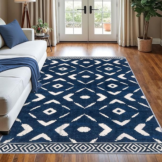 KILOCOCO Living Room Rug 5x7 Area Rug Printed Boho Washable Bedroom Rugs Non Slip Soft Large Moroccan Rubber Backed Indoor Rugs for Dining Room Office Farmhouse Geometric Carpet, Blue