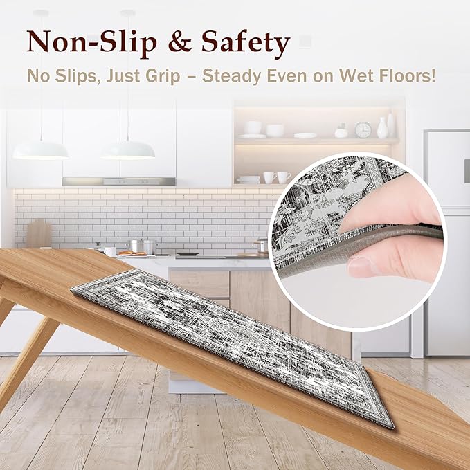 Boho Kitchen Mats for Floor 2 Piece Set Anti Fatigue Cushioned PVC Kitchen Rugs Non Slip Waterproof Farmhouse Mats 2/5 Inch Comfort Standing Mat for Sink, Laundry, Office, 17.3"x47"+17.3"x28", Grey