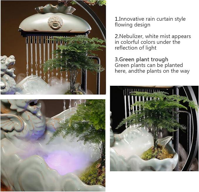 Waterfall Fountain Indoor with Mist, Tabletop Water Fountain,Desk Chinese Ceramic Pixiu Statue with LED Light Ring and Backflow Incense Burner Holder