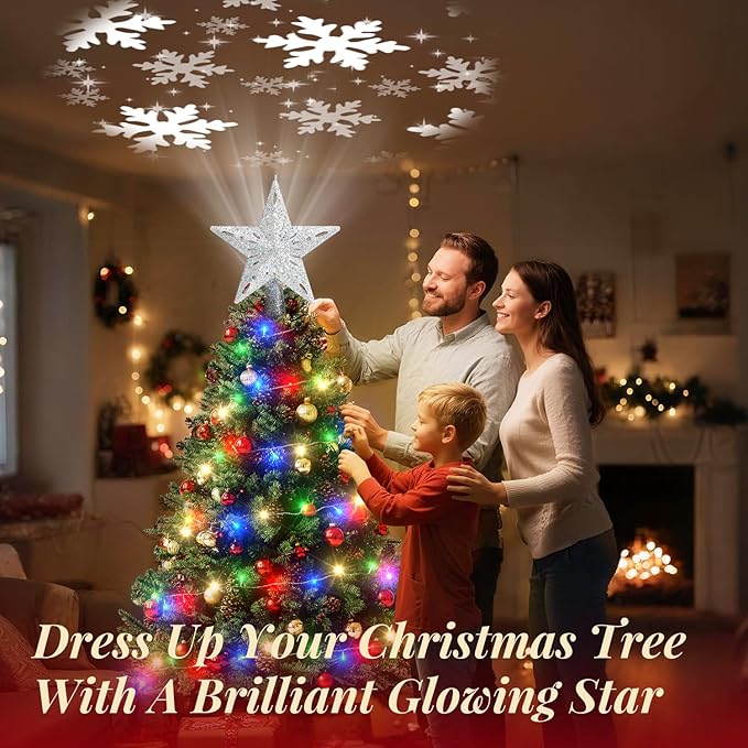 Christmas Tree Topper Lighted with 10M Colorful String Lights, Keten Silver Star Tree Toppers Decoration with 3D Rotating Pattern Projector, Tree Top for Indoor Outdoor Xmas Party Holiday (Silver)