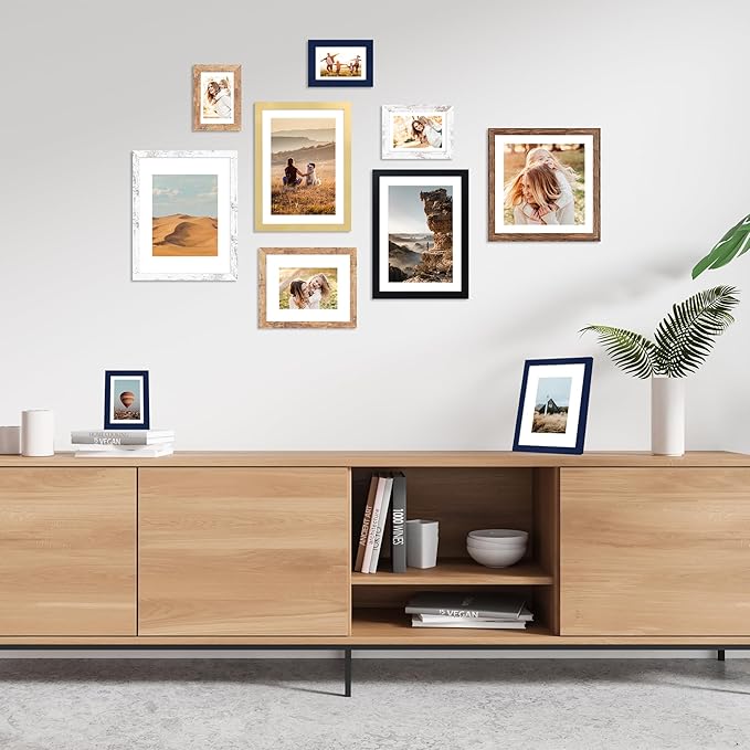 8x10 Picture Frame Set of 2, 8 x 10 Wood Photo Frames with Mat for 5x7, Natural Wooden Frame with Real Glass Cover for Wall and Tabletop Display,Brown