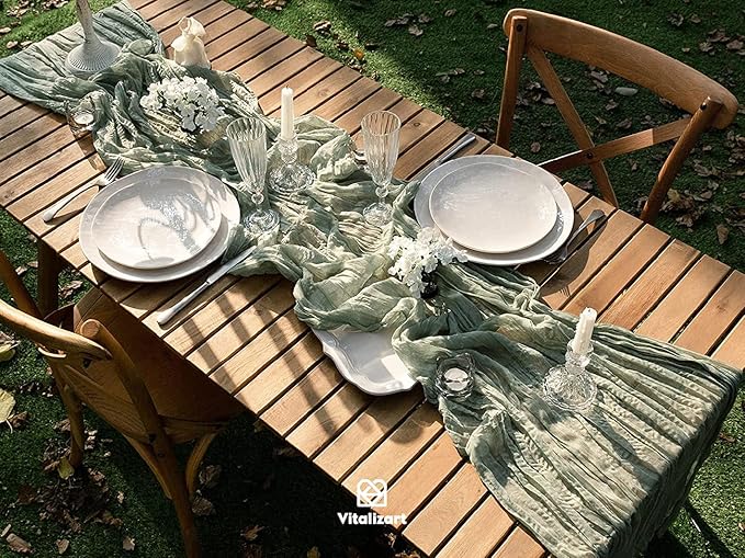 Vitalizart Cheesecloth Table Runner 10ft Gauze Boho Rustic Sage Green Cheese Cloth Table Runner for Wedding Bridal Shower Fall Thanskgiving Decoration 120 Inches