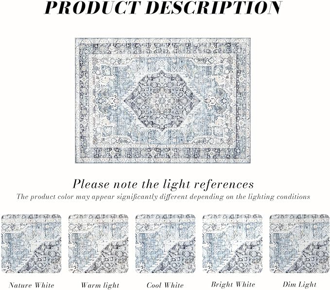Area Rug 3×5, Vintage Boho Rug,Ultra-Soft Low Pile, Washable, Non Slip,Stain Resistant Printed Carpet for Living Room Bedrooms Playroom Office Kitchen, Light Blue