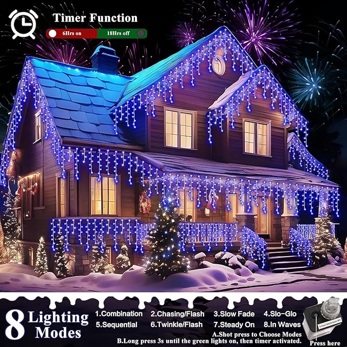 XURISEN 132ft Christmas Lights Decorations Outdoor, 1280 LED 8 Modes Fairy Lights with 240 Drops,Plug in Waterproof Timer Memory Function for Christmas Holiday Wedding Party Decorations(Blue)