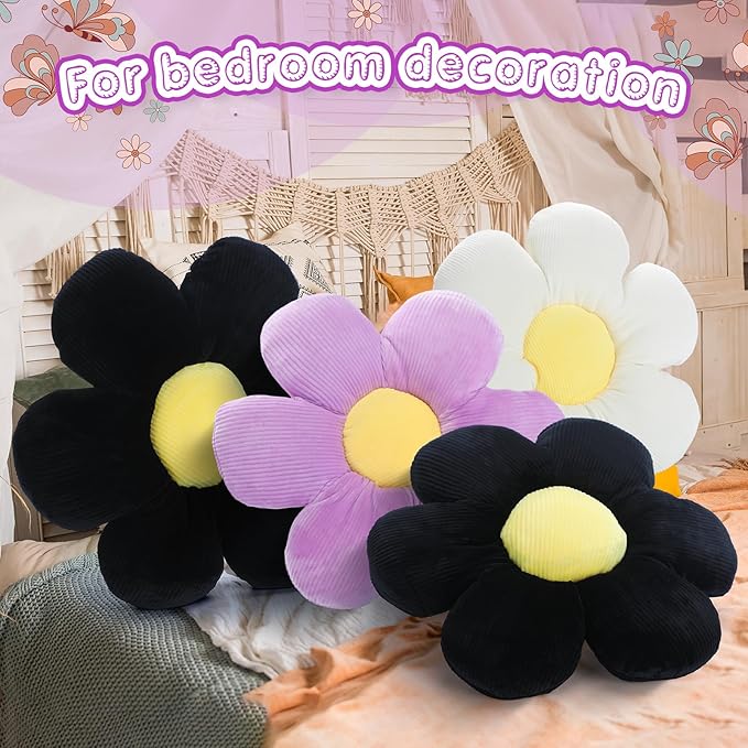 Reginary 4 Pcs Flower Floor Pillows Cute Plush Flower Throw Pillows Daisy Floor Seat Cushion Chair Pads for Christmas First Day of School for Sofa Couch Bed Decor(15 Inch,Black, White, Purple)