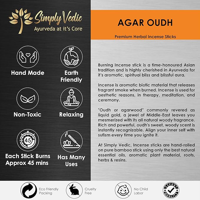 Simply Vedic Agar Oudh Incense Stick (Approx 135 Sticks, 250 Grams) Premium Handmade Agarbatti with Insense Holder| Lasts 45 Minutes| for Aromatherapy, Meditation, Yoga, Home & House Decor- Gift Set