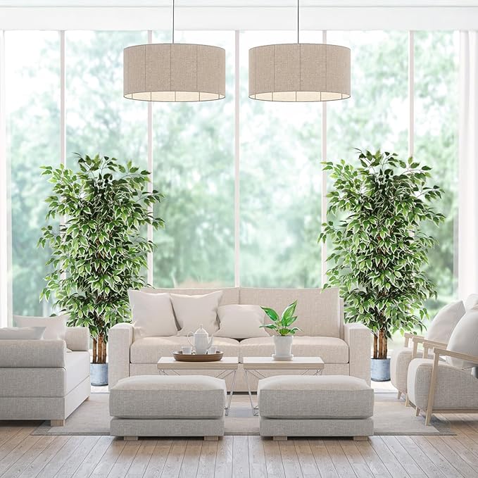 GTIDEA 2 Pcs 6ft Ficus Artificial Trees, Tall Faux Trees Indoor with Natural Trunk and Fake Silk Tree Fake Plants for Home Winter Decor Living Room Outdoor Balcony House Office (Included Dried Moss)