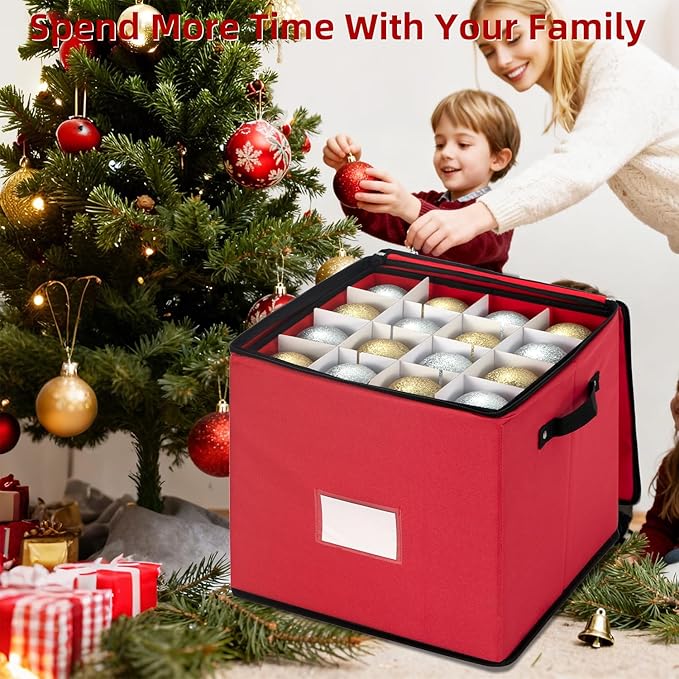inin Christmas Ornament Storage Box with Adjustable Dividers,Christmas Ornaments Organizer with Zippered Top,Storage Container Bin for Holiday Decorations(64 Ball, Red, with Tray)