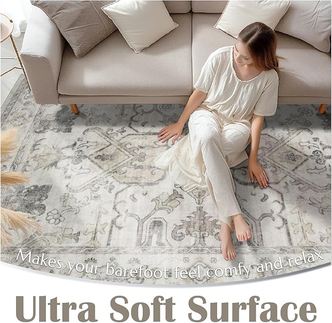 jinchan Runner Rug 2x6 Machine Washable Hallway - Vintage Floral Non-Slip Low-Pile Soft Ultra-Thin Kitchen Rug Distressed Carpet Runner for Farmhouse Bedroom Entryway Laundry Room(2x6ft, Taupe)