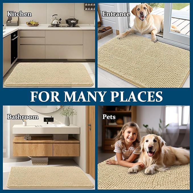 OLANLY Dog Door Mat for Muddy Paws 59x20, Absorbs Moisture and Dirt, Absorbent Non-Slip Washable Doormat, Quick Dry Chenille Mud Mat for Dogs, Entry Indoor Entryway Carpet for Inside Floor, Sand