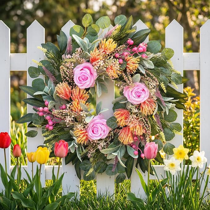 24 Inch Spring Rose Wreath Handmade Wreath for Front Door, with Eucalyptus Berries & Flocking Prote, Farmhouse Wreath for Home Indoor Outdoor Wall Festival Farmhouse Holiday Decor Year Round
