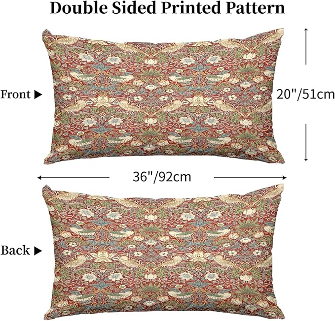 William Morris Pillow Protectors with Zipper Standard Size Red Strawberry Birds Print Pillow Covers Set of 2 Vintage Floral Botanical Pillow Cases Rustic Nature Flowers Bed Pillow Covers 20"x36"