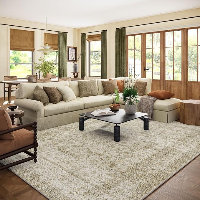 10x12 Area Rug Washable Rugs: Large Living Room Rug Stain Resistant Non Slip Distressed Vintage Low Pile Faux Wool Soft Carpet for Bedroom Farmhouse Dining Room Kids Playroom Nursery