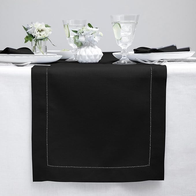Solino Home Linen Black Table Runner 90 Inches Long - 100% Pure Linen Hemstitch 14 x 90 Inch Table Runner for Dining, Spring, Easter - Classic Hemstitch
